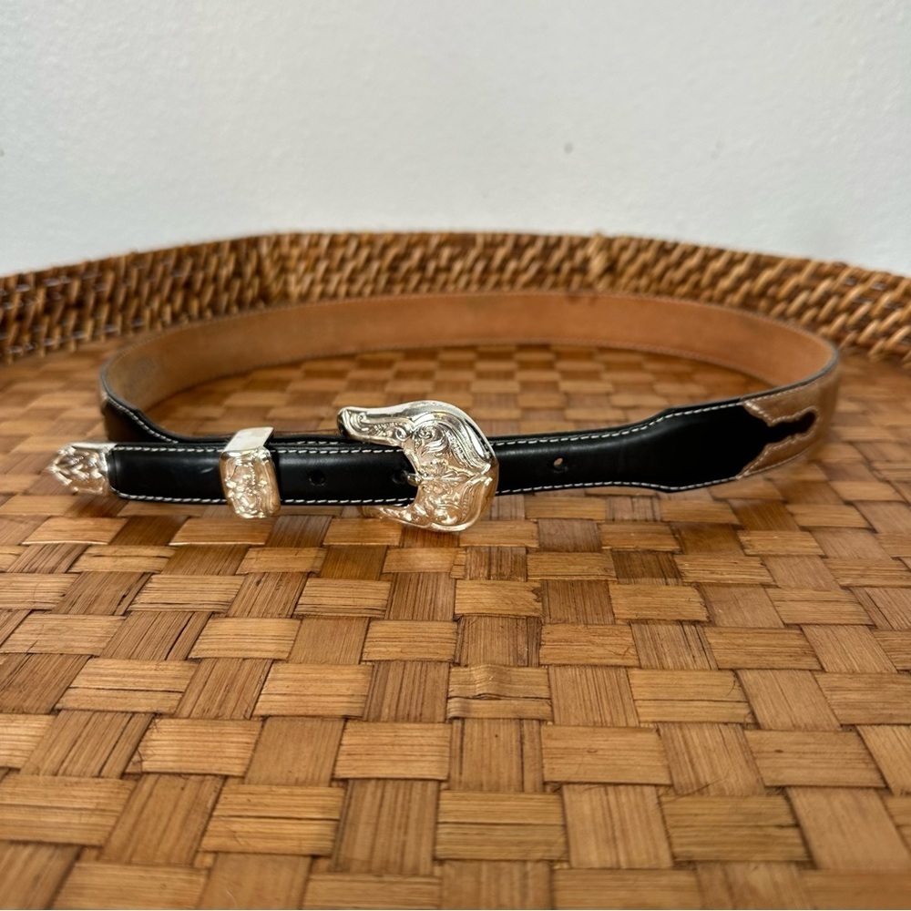 Justin Boots Black and Tan Belt with Silver Buckle